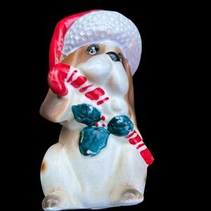 Lefton Holiday Dog Figurine with Red Santa Hat